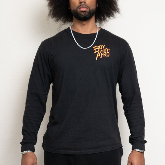 front view of a black long sleeve shirt with the BoyWithAfro logo on the upper left chest